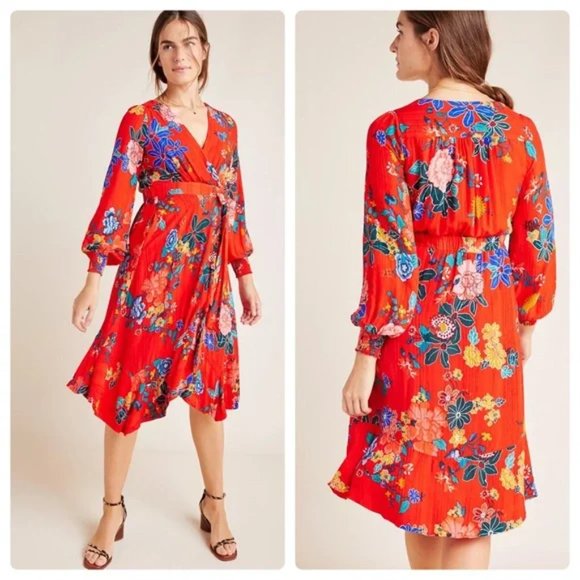 Anthropologie Dresses & Skirts - Anthropologie Boswell Textured Wrap Tunic Dress Red Floral Sz 2 long sleeve